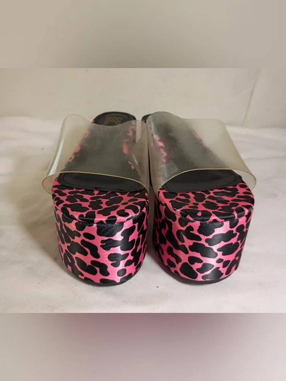 Lady Go Diva Vintage Pink Cheetah Print Flatform Wedge Sandals Clear Upper 6.5